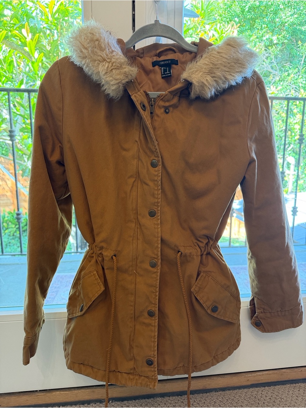 Forever 21 Tan Hooded Utility Jacket with Faux Fur Trim